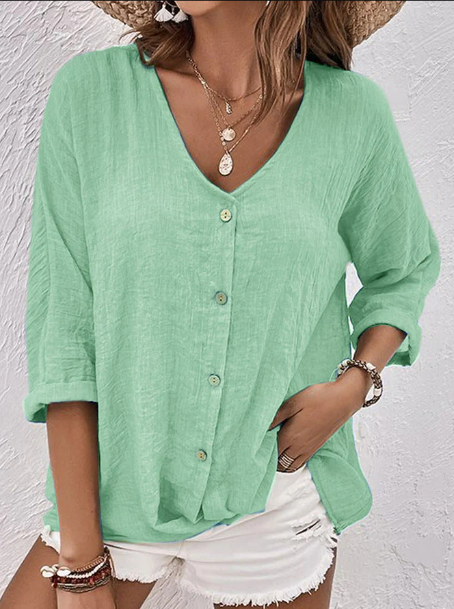 Clara | Linen Button Down Shirt for Women - V-Neck Blue Summer Top 6