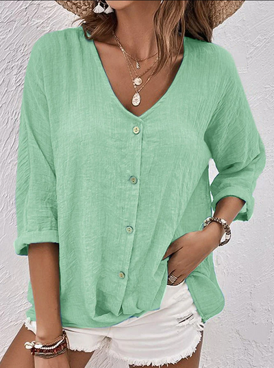 Clara | Linen Button Down Shirt for Women - V-Neck Blue Summer Top 6