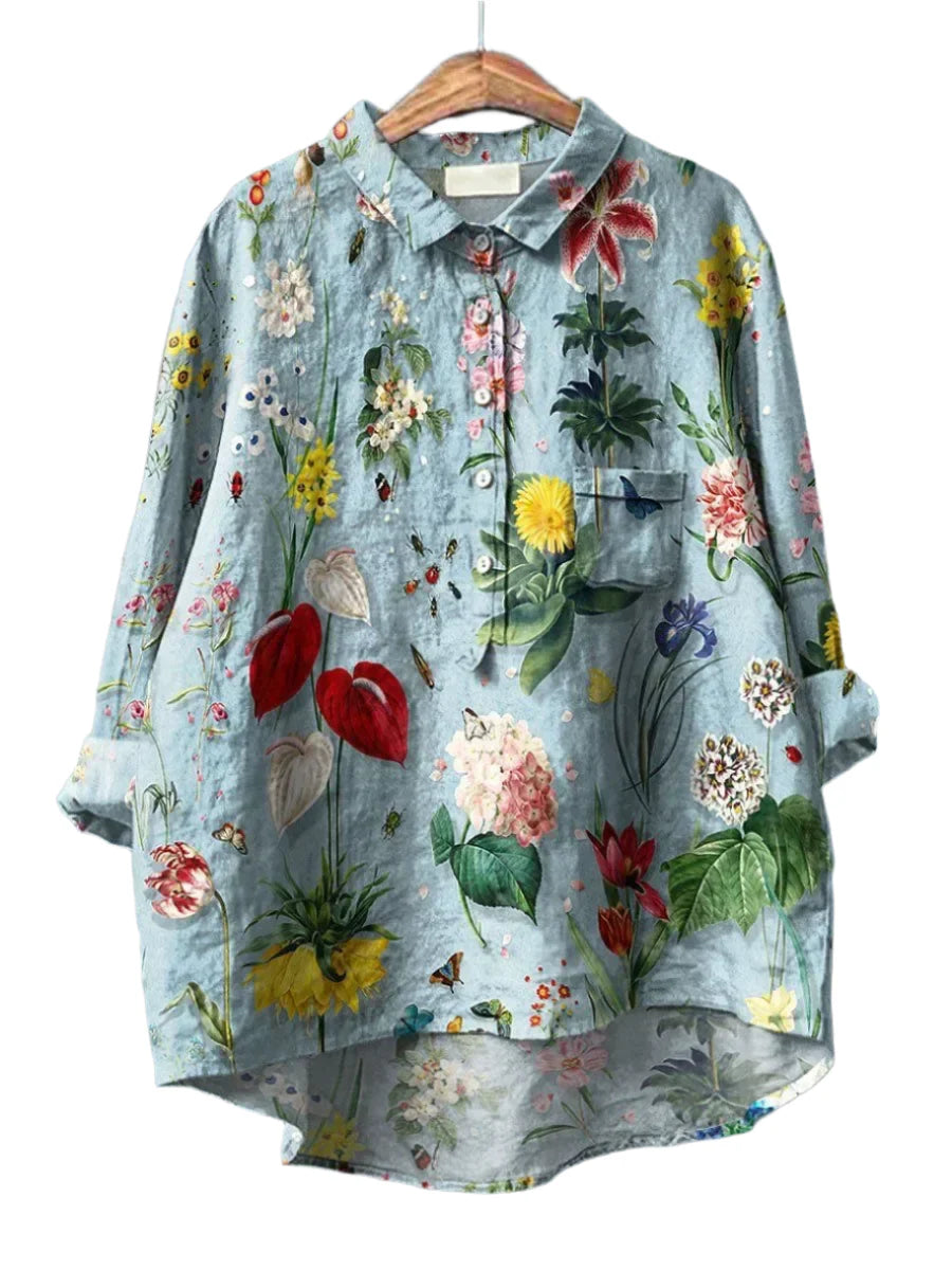 Eyanosis | Women's Shirt - Floral Print Loose Fit Summer Blouse 2