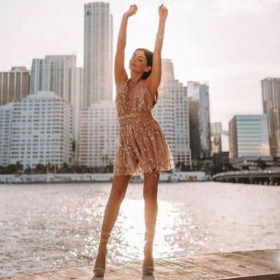 Stella | Sequin deep V neck mini dress