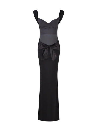 Gwendolyn | Black satin maxi dress with bow