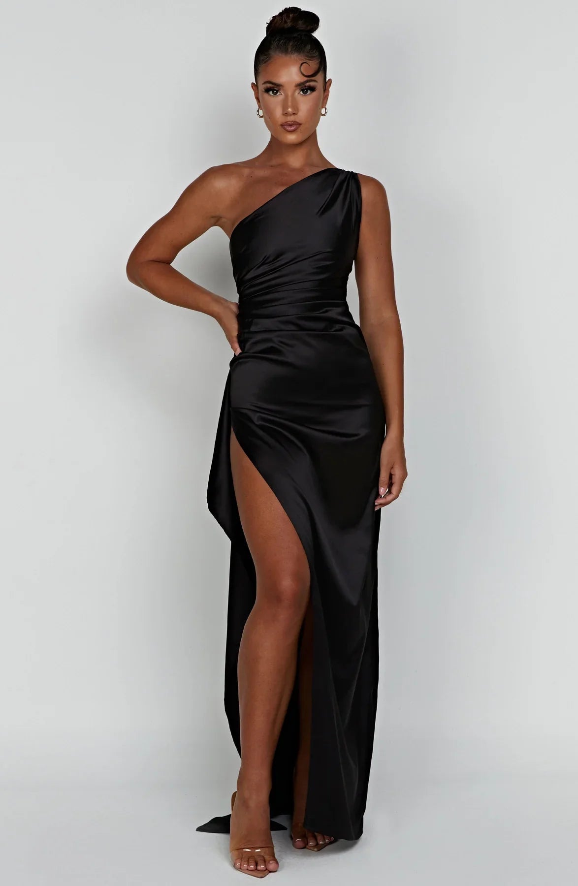 Ava | One Shoulder Pleated Split Satin Dress