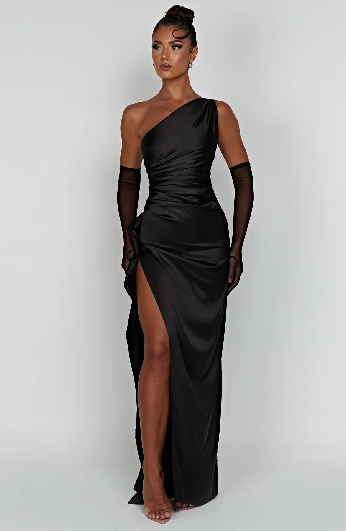 Ava | One Shoulder Pleated Split Satin Dress