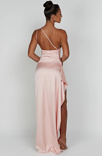 Ava | One Shoulder Pleated Split Satin Dress