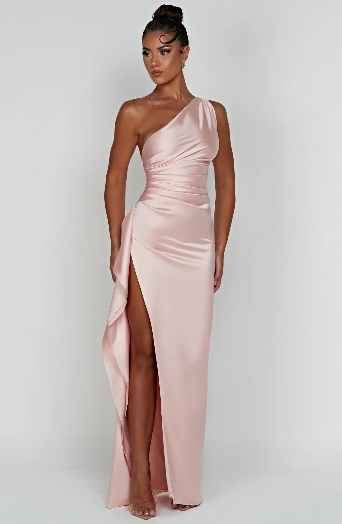 Ava | One Shoulder Pleated Split Satin Dress