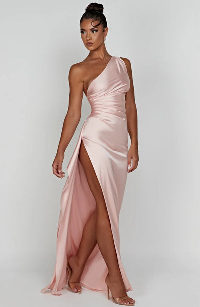 Ava | One Shoulder Pleated Split Satin Dress