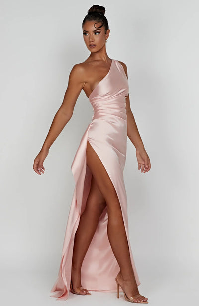 Ava | One Shoulder Pleated Split Satin Dress