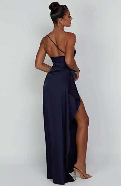 Ava | One Shoulder Pleated Split Satin Dress