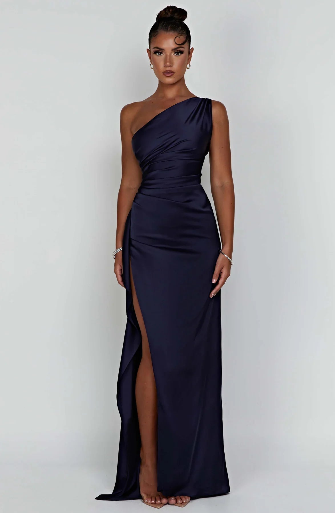 Ava | One Shoulder Pleated Split Satin Dress