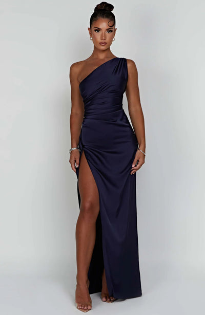 Ava | One Shoulder Pleated Split Satin Dress