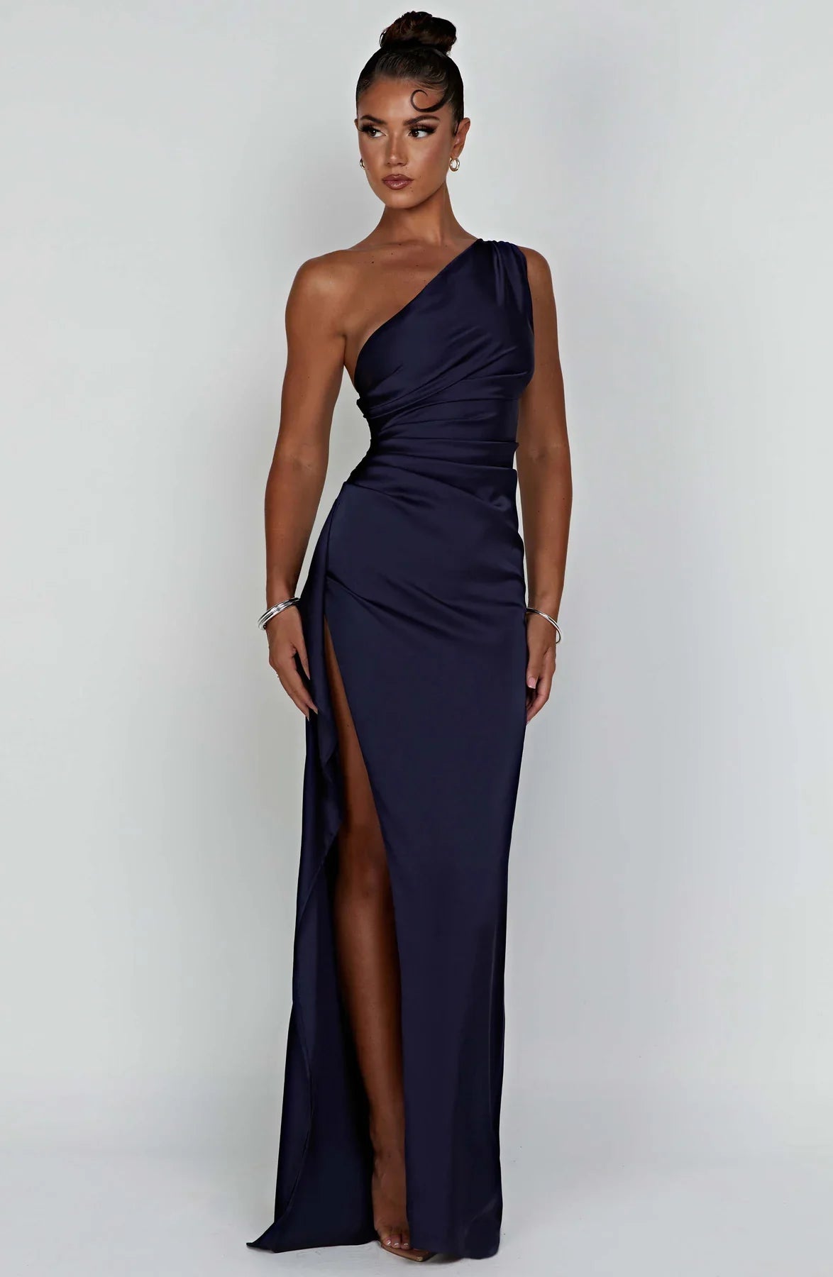 Ava | One Shoulder Pleated Split Satin Dress