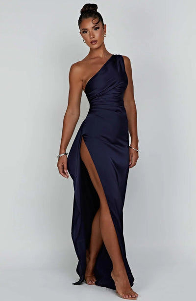 Ava | One Shoulder Pleated Split Satin Dress