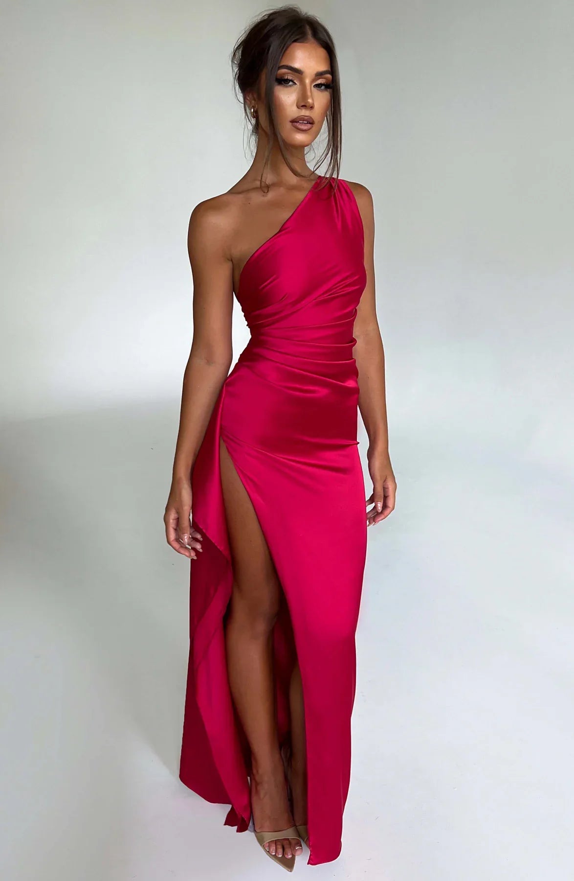 Ava | One Shoulder Pleated Split Satin Dress