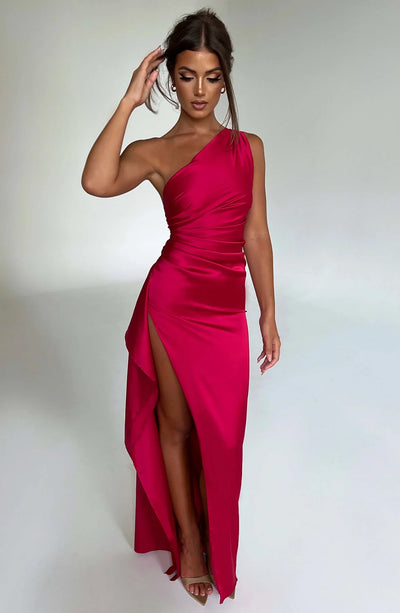 Ava | One Shoulder Pleated Split Satin Dress