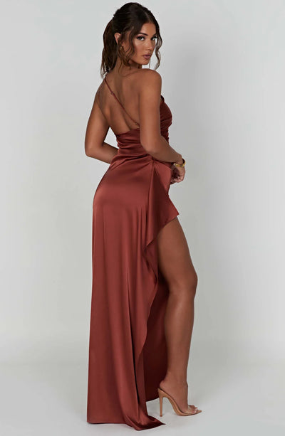 Ava | One Shoulder Pleated Split Satin Dress