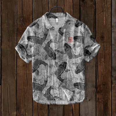 David | Stylish Fish Art Linen Shirt