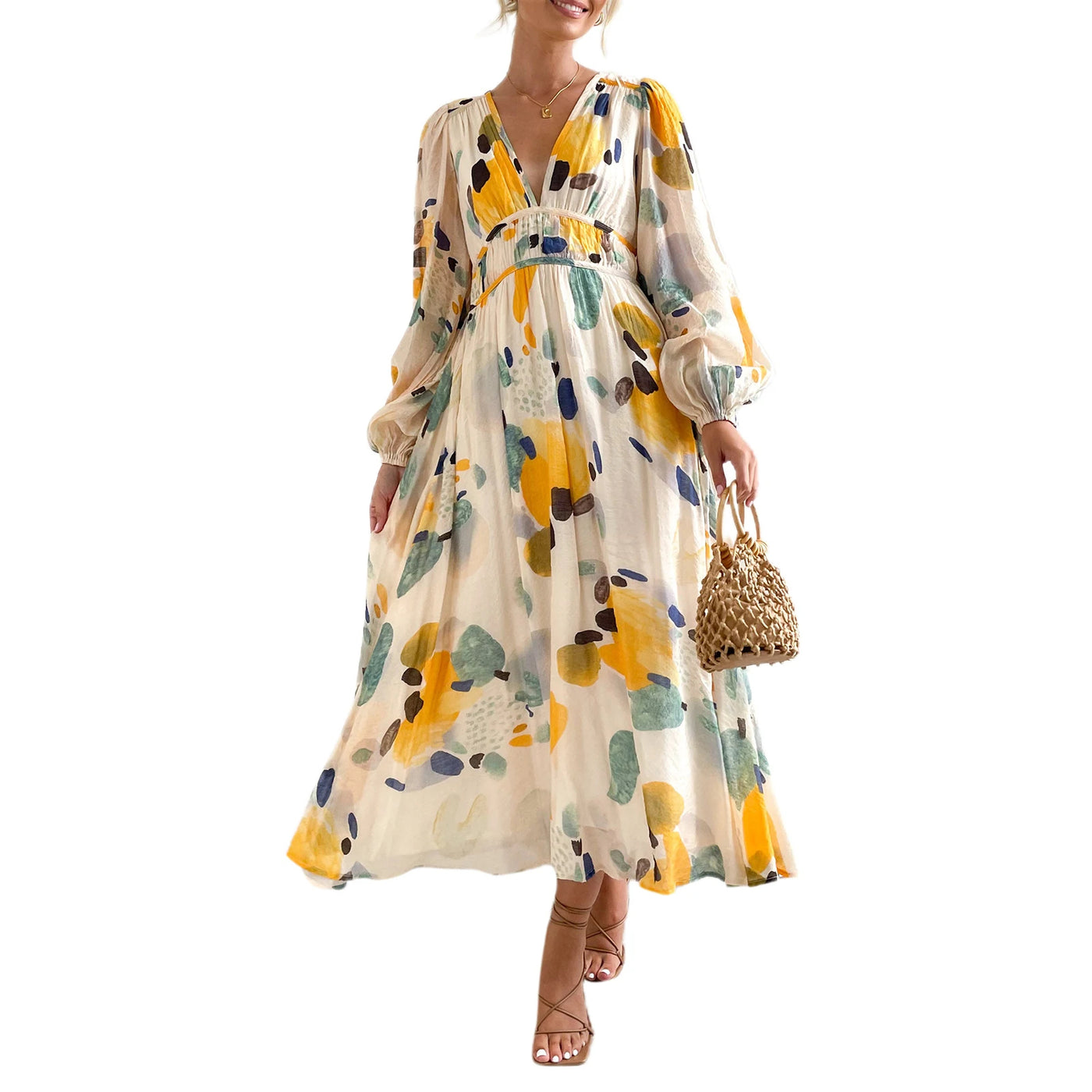 Leira | Elegant V-Neck Long Sleeve Floral Maxi Dress