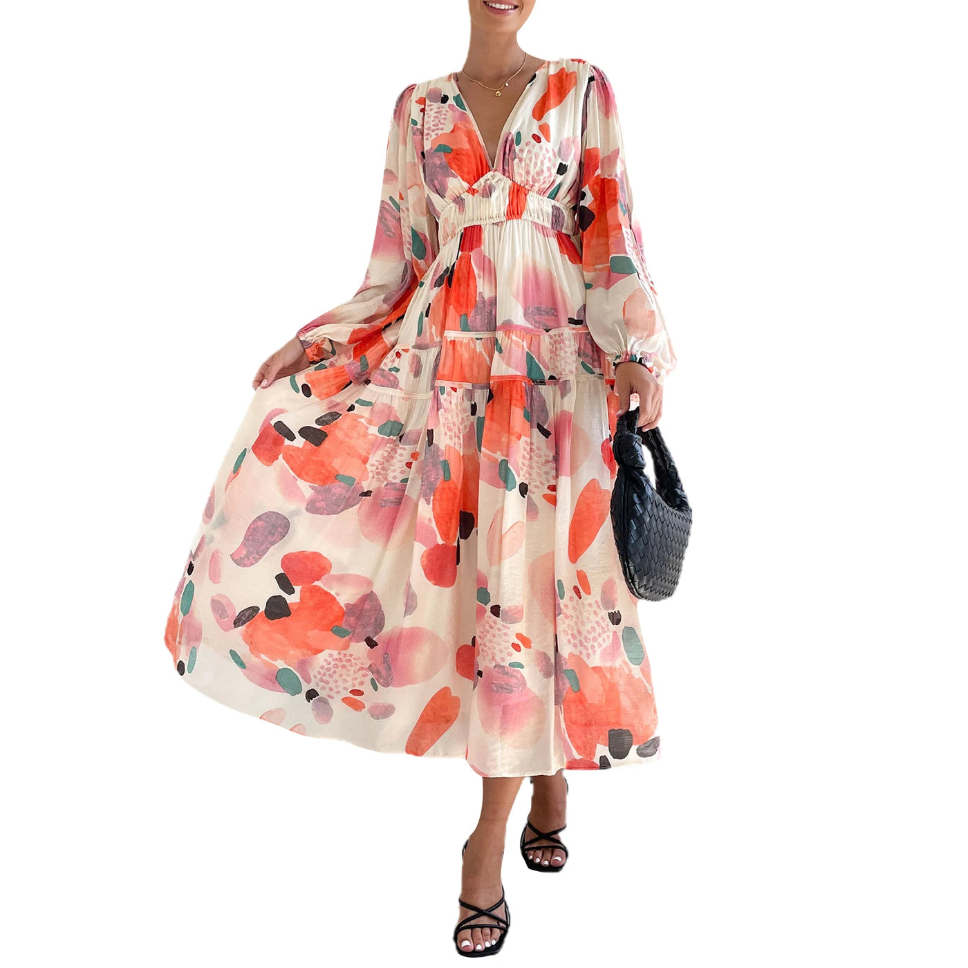 Leira | Elegant V-Neck Long Sleeve Floral Maxi Dress