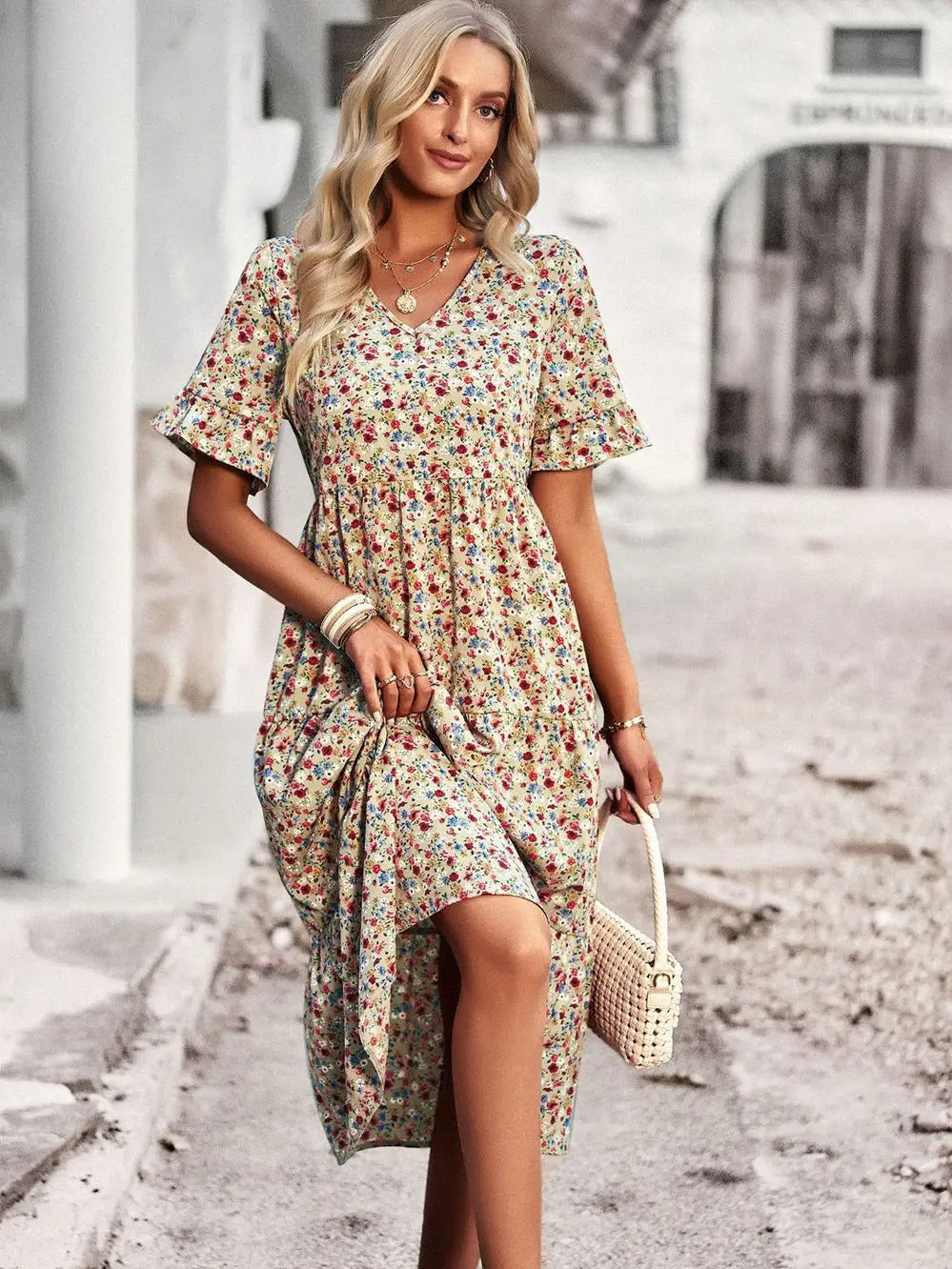 Franziska | Airy flutter sleeves v neck midi dress