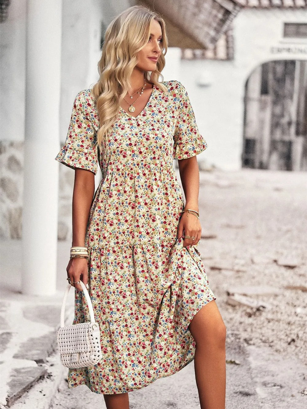 Franziska | Airy flutter sleeves v neck midi dress