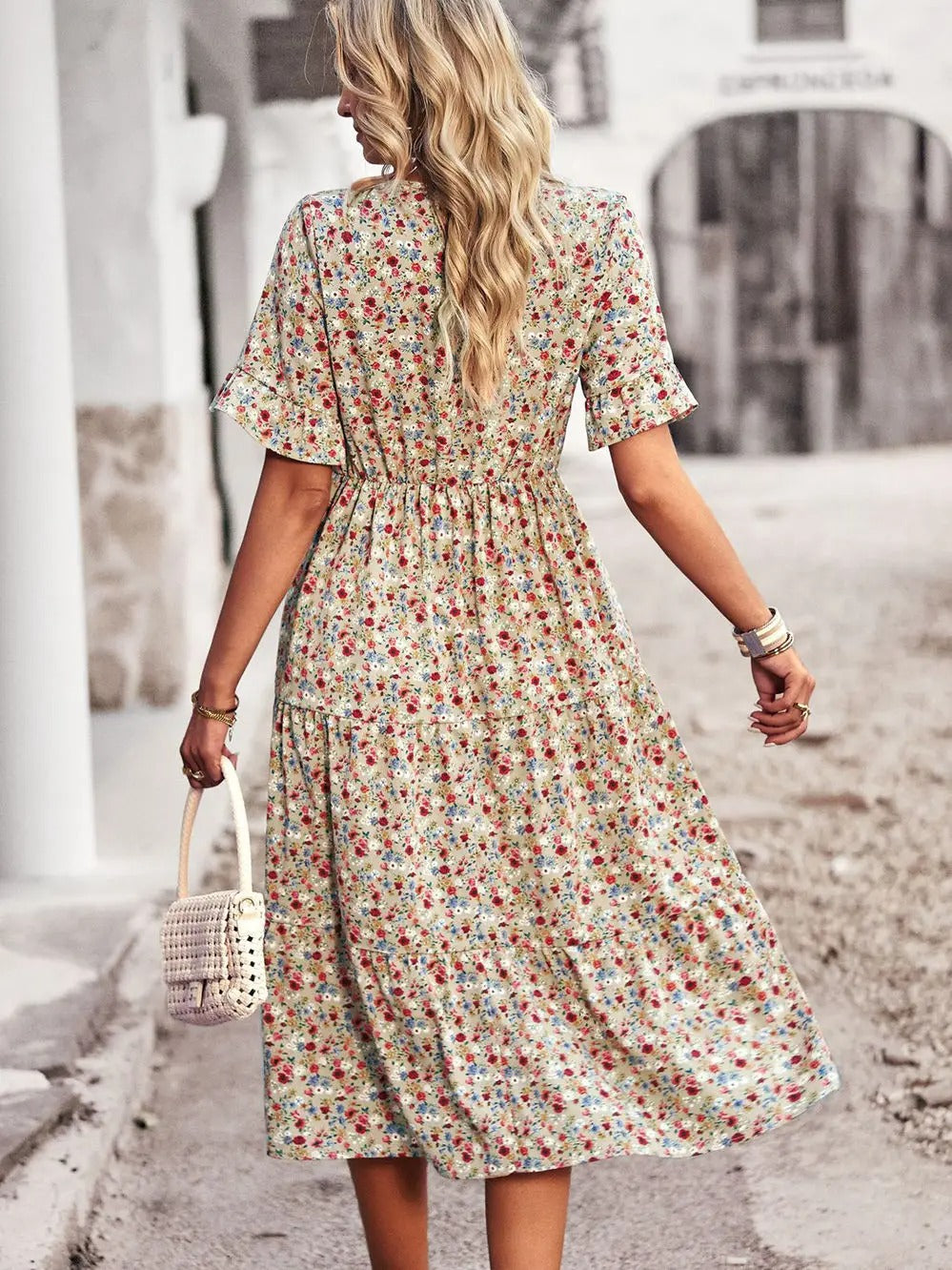 Franziska | Airy flutter sleeves v neck midi dress