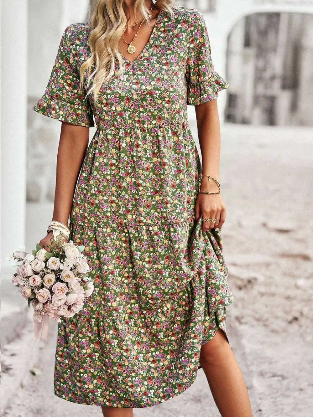 Franziska | Airy flutter sleeves v neck midi dress
