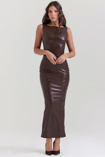 Lorna | Black vegan leather maxi dress