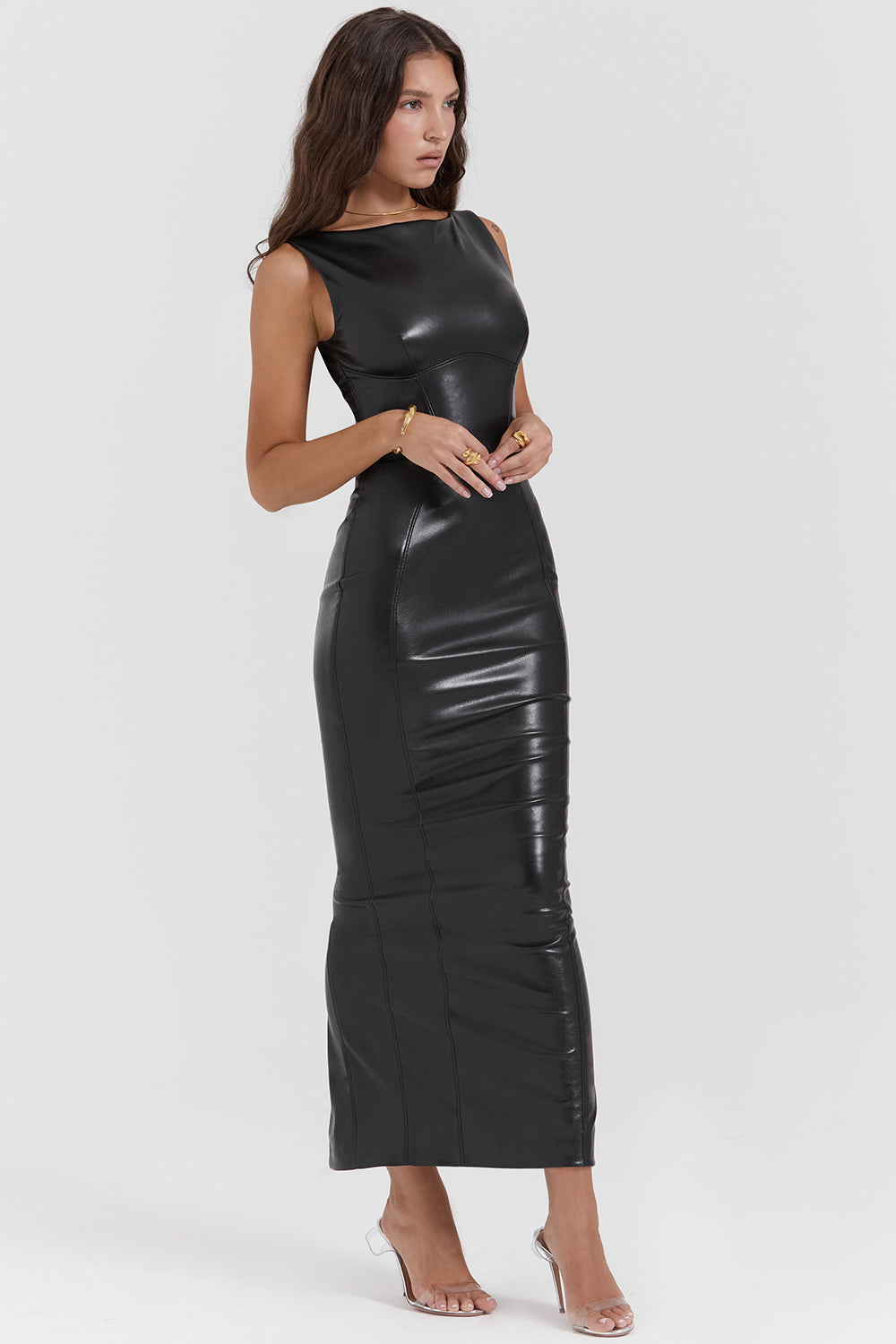 Lorna | Black vegan leather maxi dress