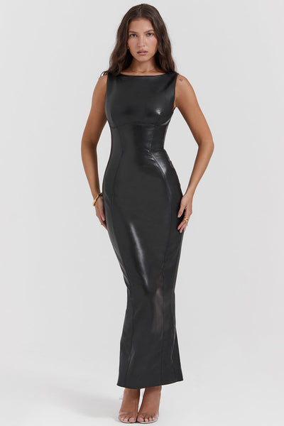 Lorna | Black vegan leather maxi dress